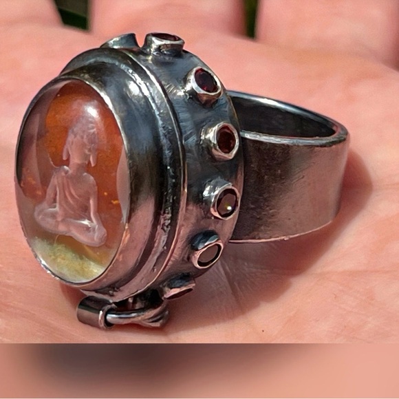 one of a kind treasure box (poison) ring. Sterling garnet jasper carved Buddha - Picture 6 of 14